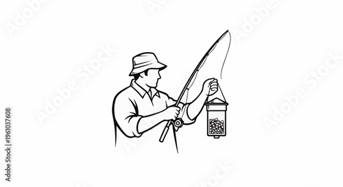 Fisherman in a hat holds a fishing rod and bait container