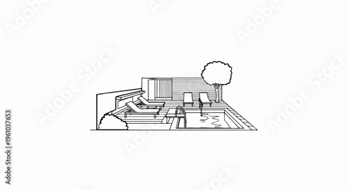 Backyard oasis with swimming pool, lounge chairs, and a single tree