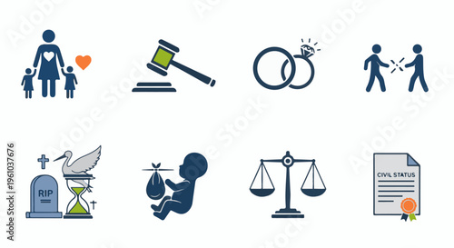 Eight icons representing family, law, life, and legal status concepts
