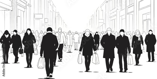 A busy street scene with many people walking in both directions