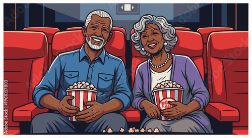 Elderly couple enjoys movie night at the cinema with popcorn