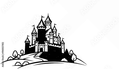 Black and white illustration of a fairytale castle on a hill with trees
