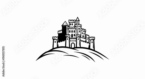 Black and white illustration of a castle on a hill
