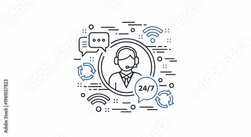 Illustration of a customer service representative with communication and connectivity symbols