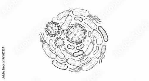 Black and white illustration of various viruses and bacteria in a circular arrangement