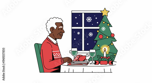 Elderly man enjoys a solitary Christmas dinner by the window