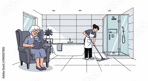 Elderly woman relaxes reading book while cleaner mops bathroom floor