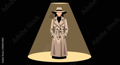 Mysterious woman in beige trench coat and hat standing under spotlight on black background exuding secrecy and intrigue with hands in pockets