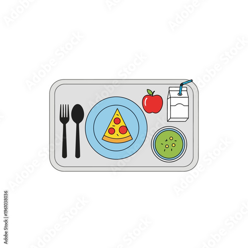 School Lunch Tray: Pizza Slice, Apple, Milk Carton, Soup - Flat Design