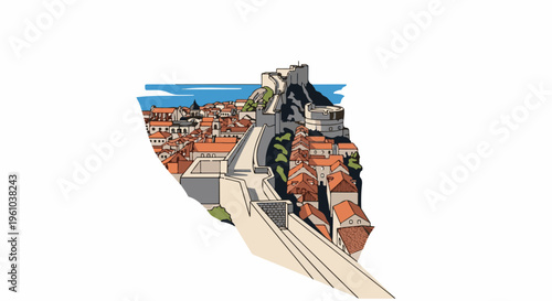 Illustration of a fortified coastal city with walls and tiled roofs
