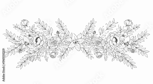 Elegant symmetrical sketch of blooming flowers and leaves