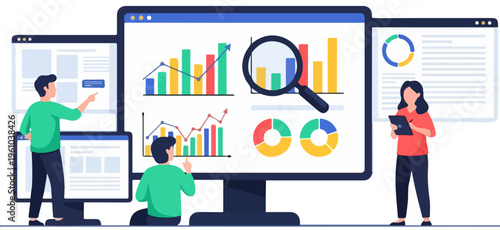 Data analysis vector illustration, business people monitoring financial dashboard on computer screens, professional market research and analytics concept