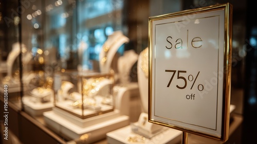 Wallpaper Mural A jewelry store window display with a white board displaying a Sale 75 Off sign, illuminated by ambient lighting. The background is slightly blurred, emphasizing the jewelry on display. Torontodigital.ca