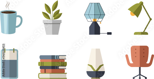 A collection of office and home items, including a coffee cup and plant