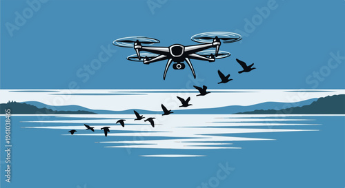 Drone flying over water with birds in formation beneath