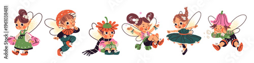 Cute fairies set. Happy forest elves with wings, mushrooms and flowers. Kids fairytales characters of nature. Flying magic boys and girls. Flat isolated hand drawn vector illustrations on white.