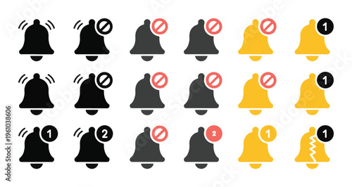 Notification bell icon set with alert badges and mute symbols for interface dashboard and system messages.