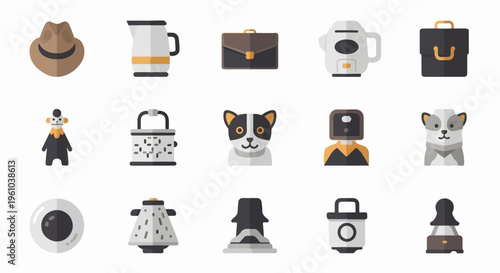 A collection of 15 flat design icons featuring objects and characters