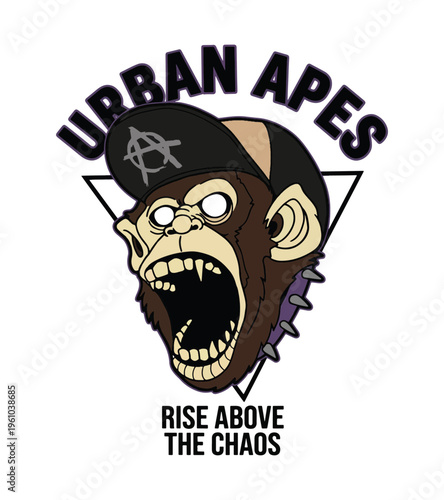 Aggressive cartoon illustration of a screaming monkey wearing a baseball cap with an anarchy symbol and spike collar isolated on transparent background Best Selling T-shirt Design