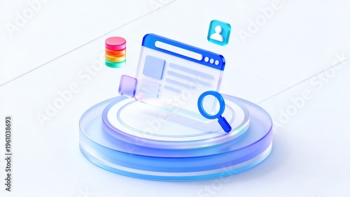 3D data analytics dashboard interface with search magnifying glass database and user information icons on modern digital platform, idea for web analytics and data management concept