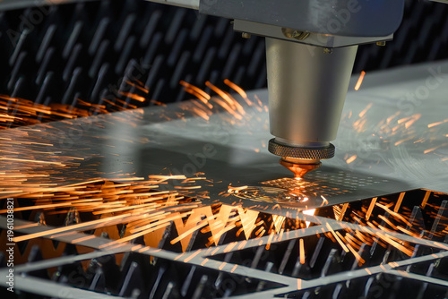 High-precision fiber laser cutting machine operation engraving and cutting complex patterns on a metal plate.