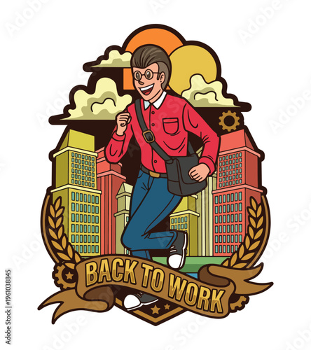 Energetic cartoon businessman with glasses and satchel enthusiastically running towards the city skyline signifying going back to work after a break or holiday Best Selling T-shirt Design