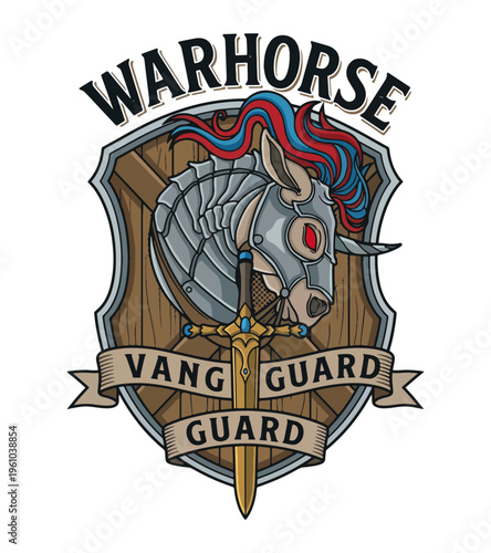 Epic warrior horse head wearing ornate armor with a sword and shield emblem representing strength and protection Best Selling T-shirt Design