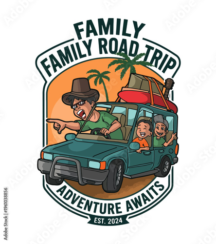 Excited family enjoying a funfilled road trip adventure in a vehicle packed with luggage and musical instruments amidst palm trees Best Selling T-shirt Design