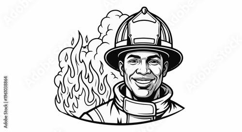 Illustration of a smiling firefighter in uniform against flames and smoke