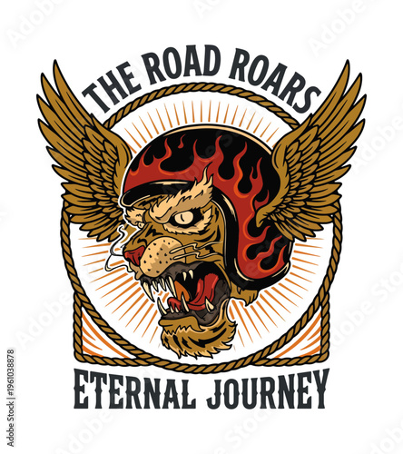 Fierce tiger wearing a flaming helmet with wings and text proclaiming The Road Roars Eternal Journey Best Selling T-shirt Design