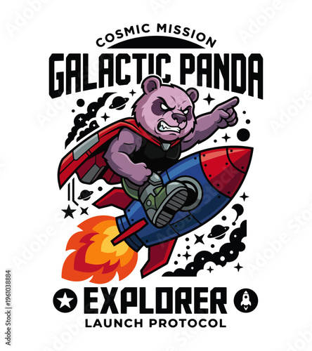 Fierce panda astronaut wearing a red cape riding a retro rocket ship through space with planets and stars an adventurous explorer on a cosmic mission Best Selling T-shirt Design