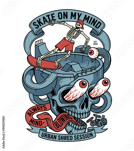 Skeleton skateboarder performing a trick on a massive skullshaped skatepark with eyeballs and text banners Best Selling T-shirt Design
