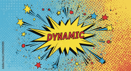 Comic book dynamic speech bubble in pop art style with colorful stars and lines on blue and yellow background for advertising