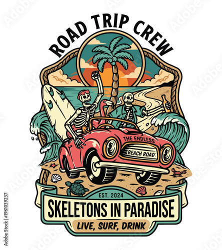 Two skeletons enjoying a road trip in a vintage convertible car with surfboards and palm trees on a beach during sunset Best Selling T-shirt Design
