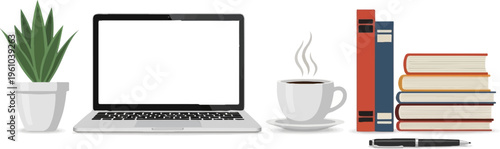 A potted plant, open laptop, steaming coffee cup, stacked books, and a pen