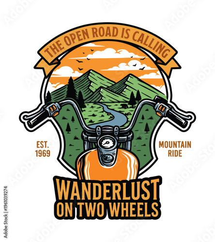 Vintage motorcycle handlebars framed by a scenic mountain landscape and a banner stating the open road is calling symbolizing wanderlust and adventure on two wheels Best Selling T-shirt Design
