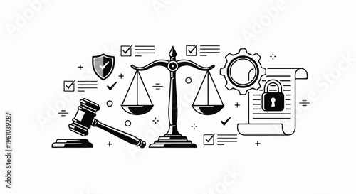Illustration of legal concepts gavel, scales, shield, cog, and locked document