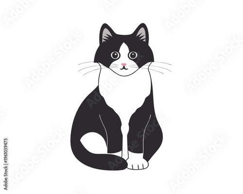 A charming illustration of a black and white tuxedo cat sitting calmly