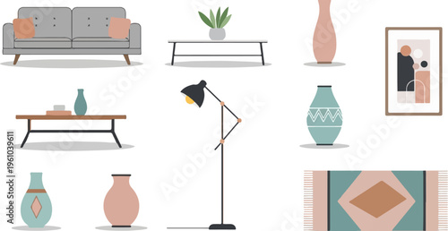 A collection of modern home decor items including a sofa, tables, vases, a lamp, artwork, and a rug
