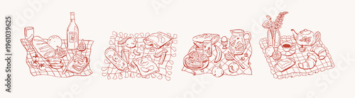 Set of red sketches of picnic. Doodle blankets with different food and meals for eating outdoors. Romantic date, lunch in nature with wine and fruit. Hand drawn isolated vector illustrations on white.