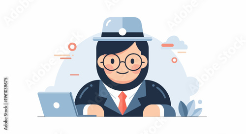 Cheerful person in a suit and hat working on a laptop