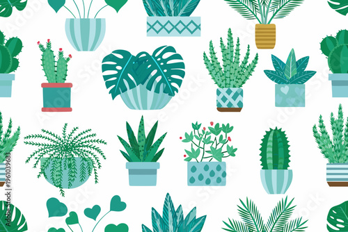 Seamless pattern featuring various stylized potted houseplants on white