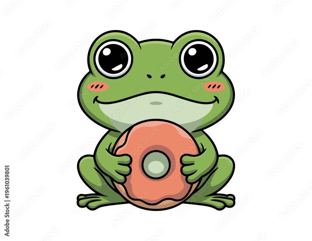 Fototapeta premium A cheerful frog holding a giant doughnut with a happy expression