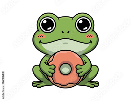 A cheerful frog holding a giant doughnut with a happy expression