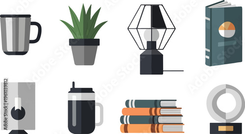 A collection of office and home essentials including a mug, plant, lamp, book, and trophy