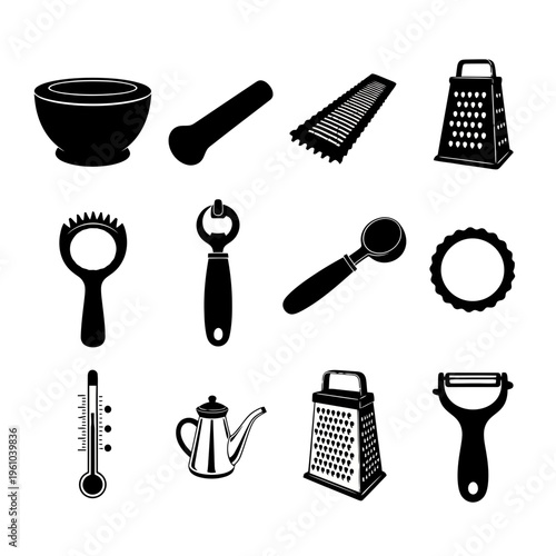A collection of black vector icons featuring a set of hair accessories and brushes, including silhouettes of scissors, combs, and professional hairdresser tools for beauty salon design