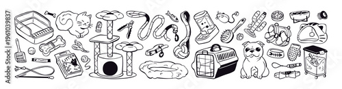 Doodle set of items and toys for pets. Tools and elements to care for domestic animals. Cat scratching post, litter box, bowls, dog leash. Flat isolated outline vector illustrations on white.