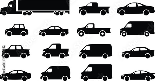 Vehicle silhouettes collection including cars trucks vans and pickup isolated on white background, transportation icons, automotive set, delivery concept