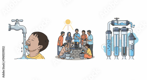 Illustrations depict different ways of accessing clean water, from a boy drinking from a tap to a community well and a water filter system