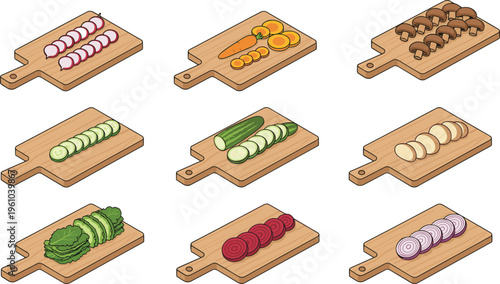 Cartoon sliced vegetables on wooden cutting boards in colorful vector illustration for cooking and culinary design